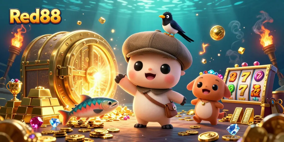 Spin the reels at Red88, featuring a playful scene with cartoon characters and dazzling casino elements.