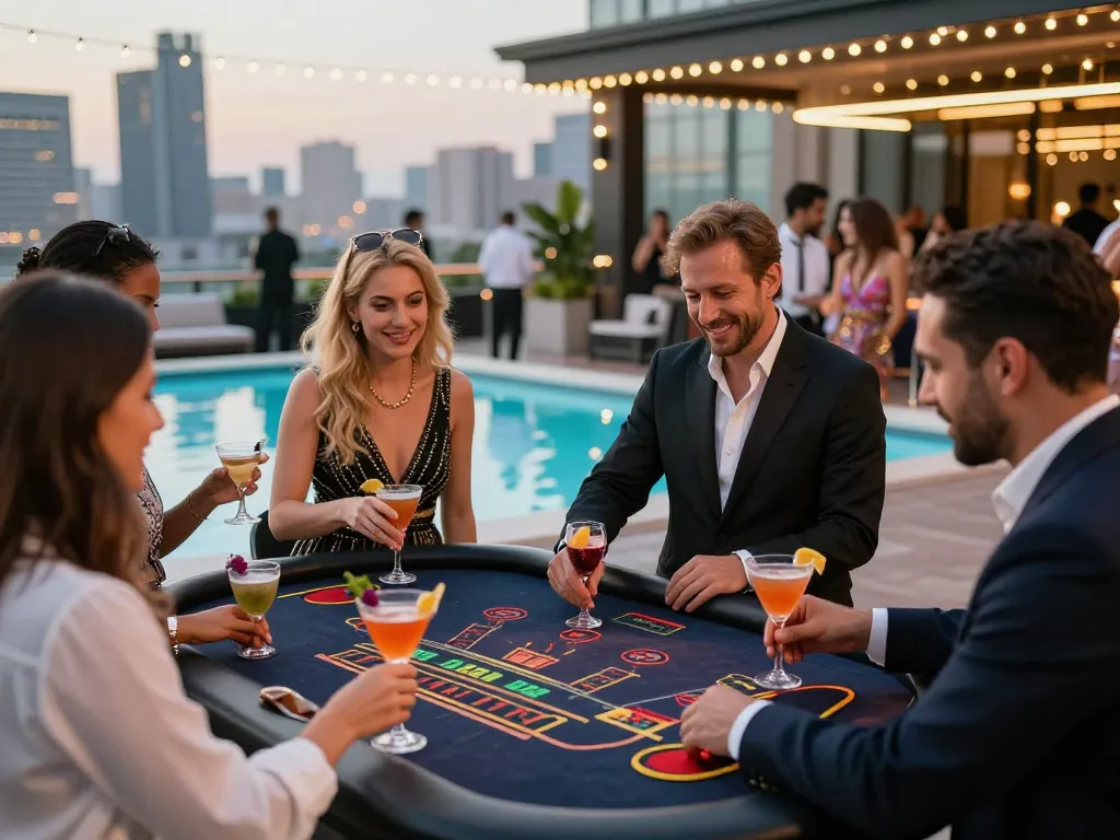 KUBET players enjoying an upscale rooftop blackjack game with cocktails at sunset