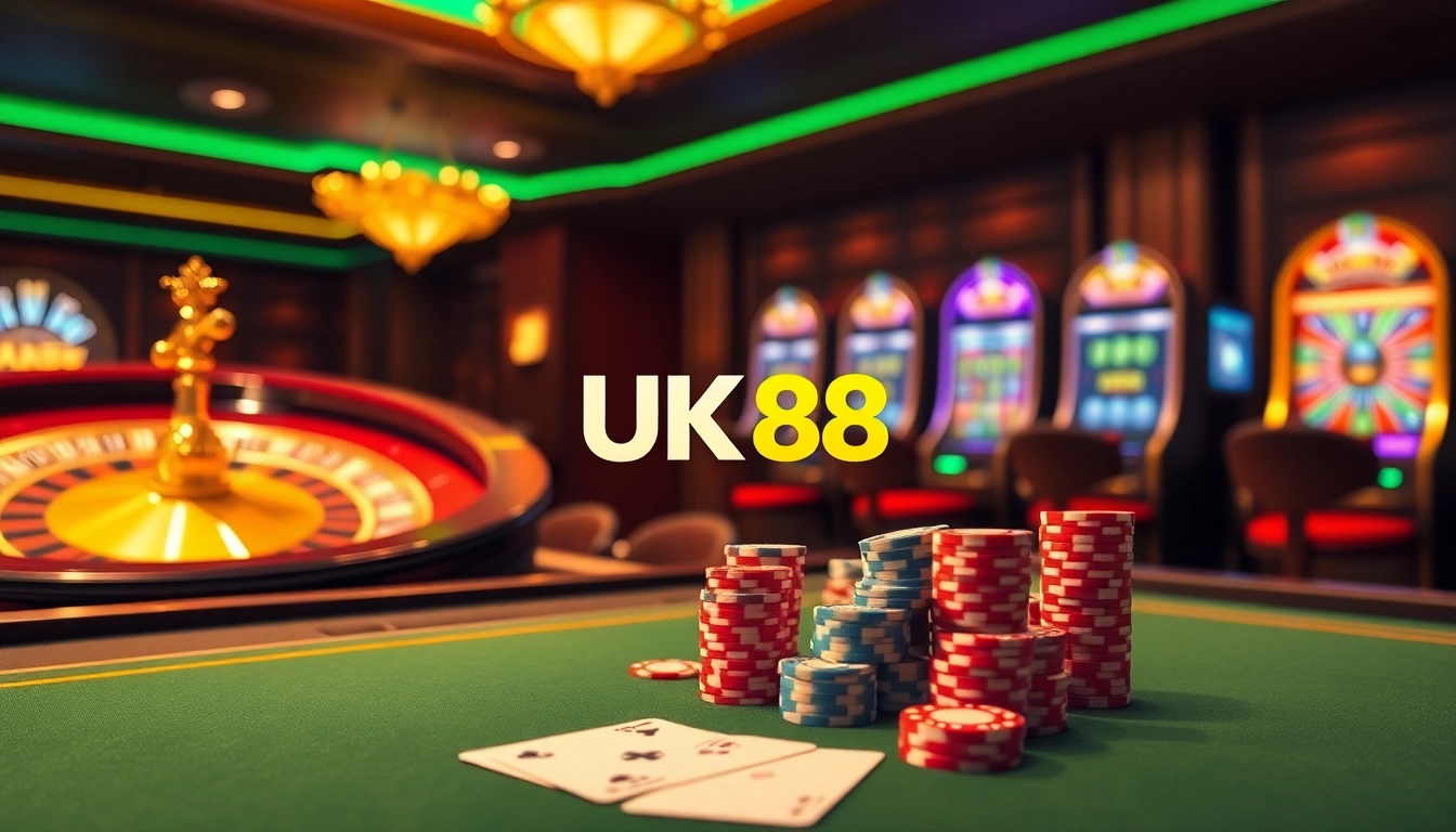 UK88 players enjoying a luxurious poker game experience at a vibrant casino table.