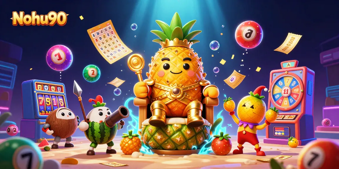 Nohu90 players engage in exciting slot games with a golden pineapple king in a vibrant beach casino setting.