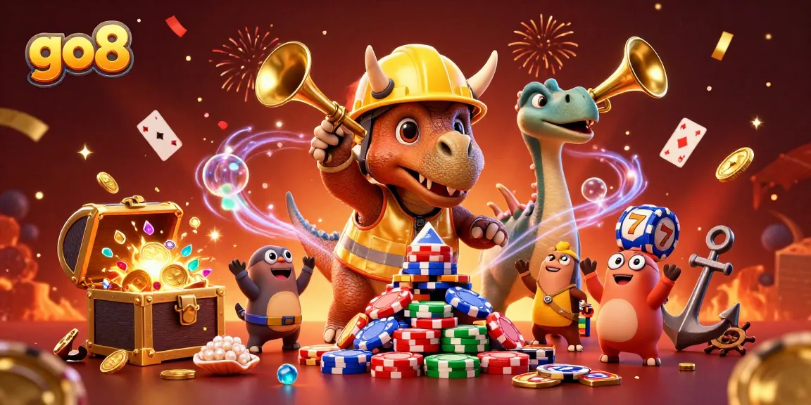 Win big at go8 with a vibrant celebration of a triceratops stacking poker chips amidst casino games.