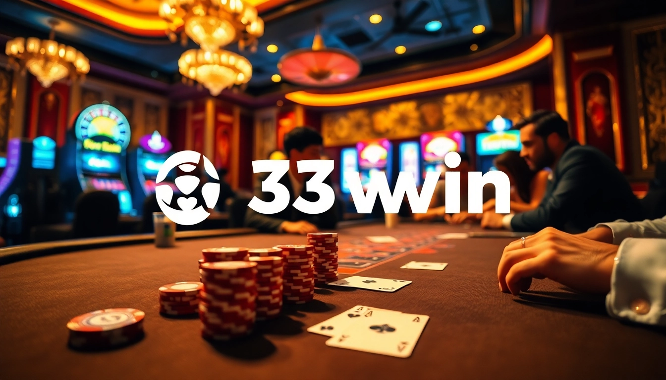 Players at a poker table with 33win branding, experiencing a thrilling casino atmosphere.