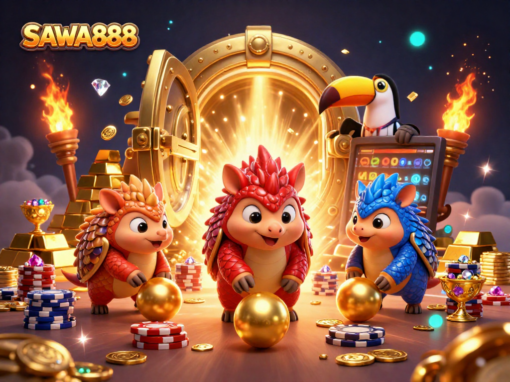 SAWA888 showcases a lively competition between rival pangolins with golden treasures, poker chips, and a toucan referee.