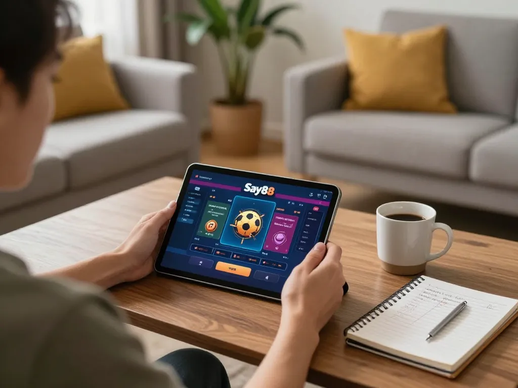 Player enjoying Say88 online gaming experience on tablet in a cozy home setup