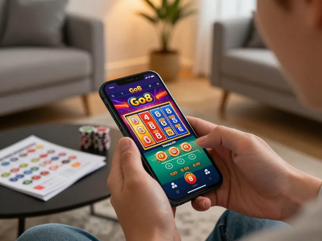 Engaging gameplay on Go8 casino app displayed on smartphone at home.