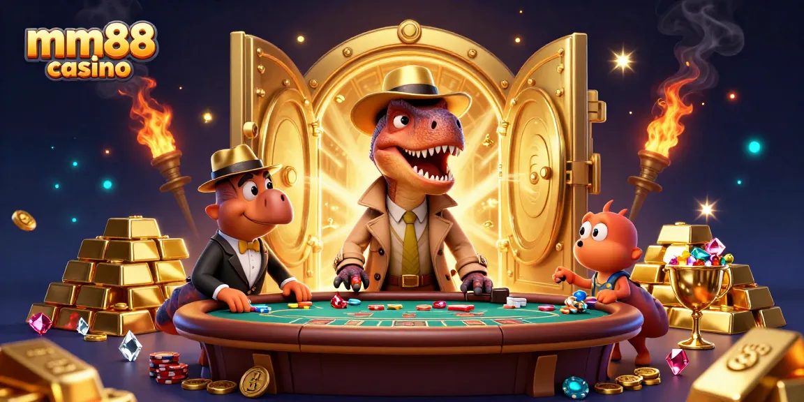 Engage with immersive fun at mm88 casino, featuring a playful velociraptor counter at a blackjack table.