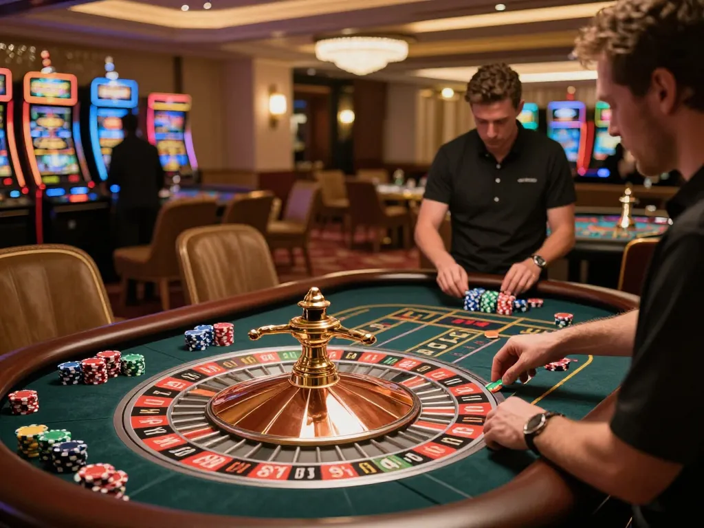 79king players placing bets at a luxurious roulette table in an upscale casino environment