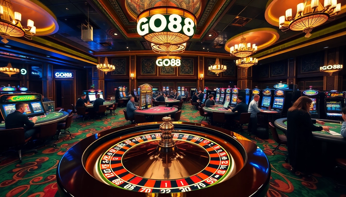 Players enjoying games at the upscale GO88 casino, featuring roulette and poker tables.
