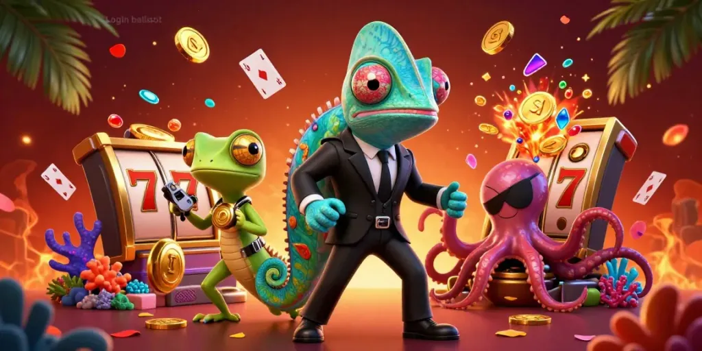Engage with Login balislot through a vibrant, detailed illustration featuring animated characters and rich casino elements.