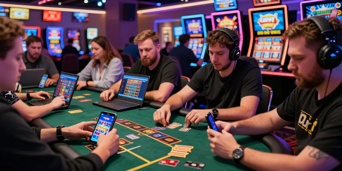 Engaged players exploring credit card casinos with excitement on smartphones and laptops