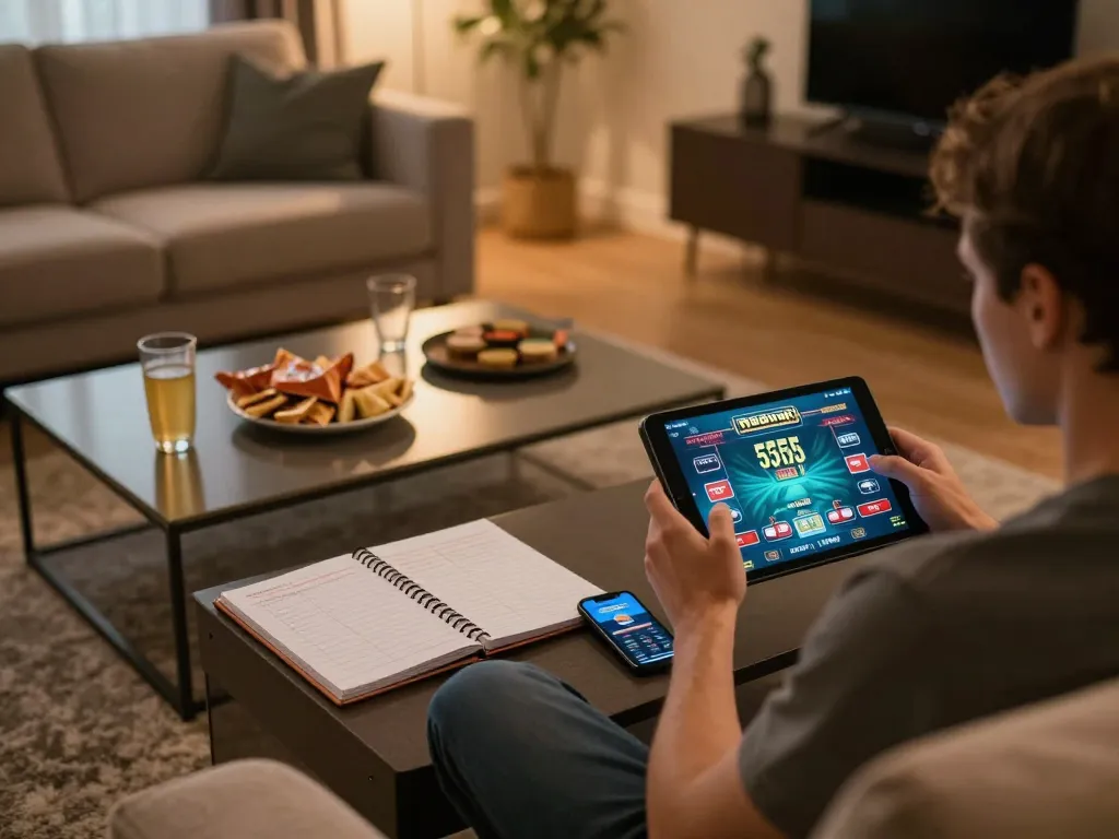 Engaging in live dealer games on 555win app from a cozy home setup with stylish decor