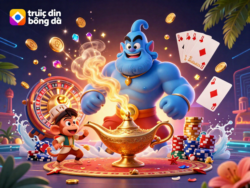 Experience trực tiếp bóng đá with dynamic scene of genie bursting from lamp, flying magic carpet, and glittering casino elements.