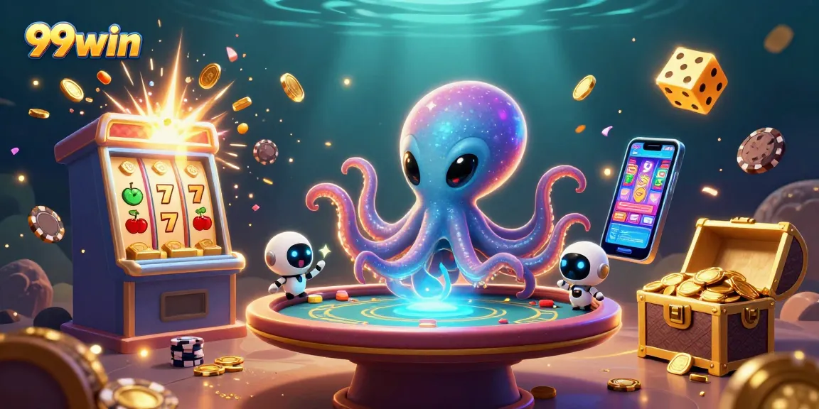 Engage in thrilling adventures with the 99win alien octopus at a vibrant holographic poker table.