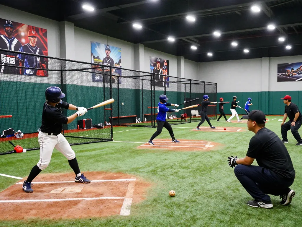 Hitclub baseball training scene with athletes in batting cages focused on skill improvement.