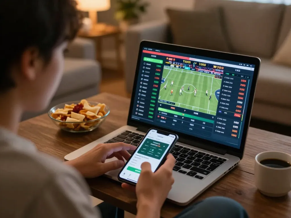 Engaging sports betting scene at home showcasing Dwin's strategies amidst live matches and betting insights.