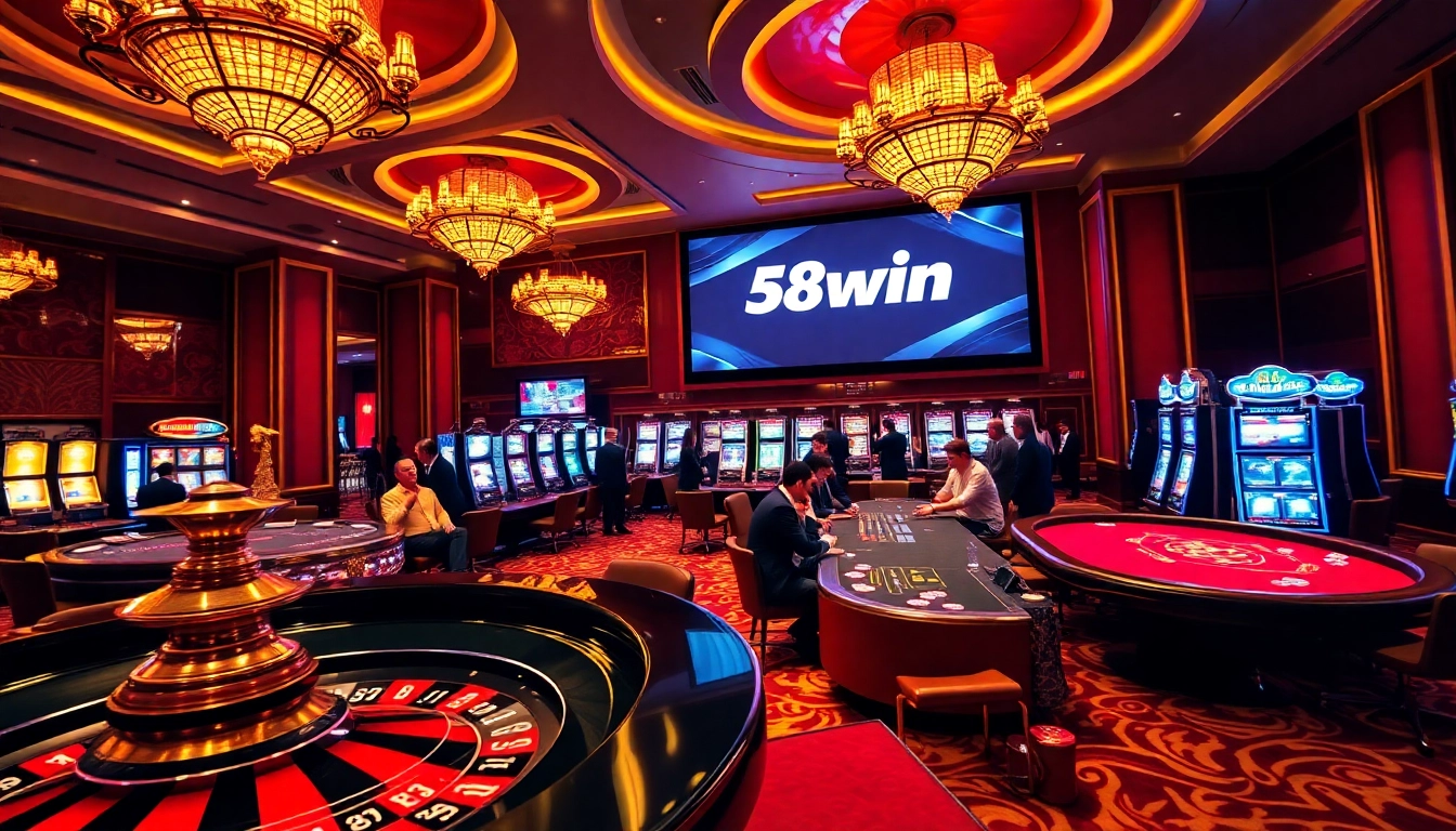 58win players enjoying poker and roulette in a luxurious casino atmosphere.