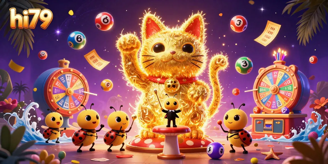 Win big at hi79 with a lucky cat made of fireflies, surrounded by colorful lottery elements!