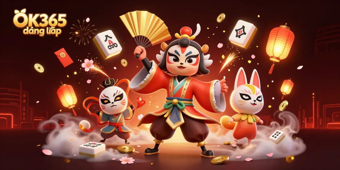 Engage with OK365 đăng nhập in a vibrant 3D casino setting, featuring dynamic game elements and cultural symbols.