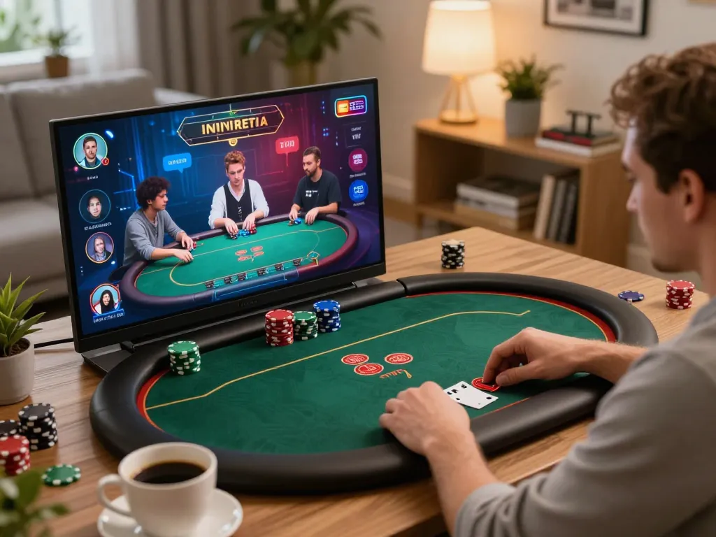 Players strategizing during a nohu90nohu online poker game at home, capturing the essence of virtual gambling.
