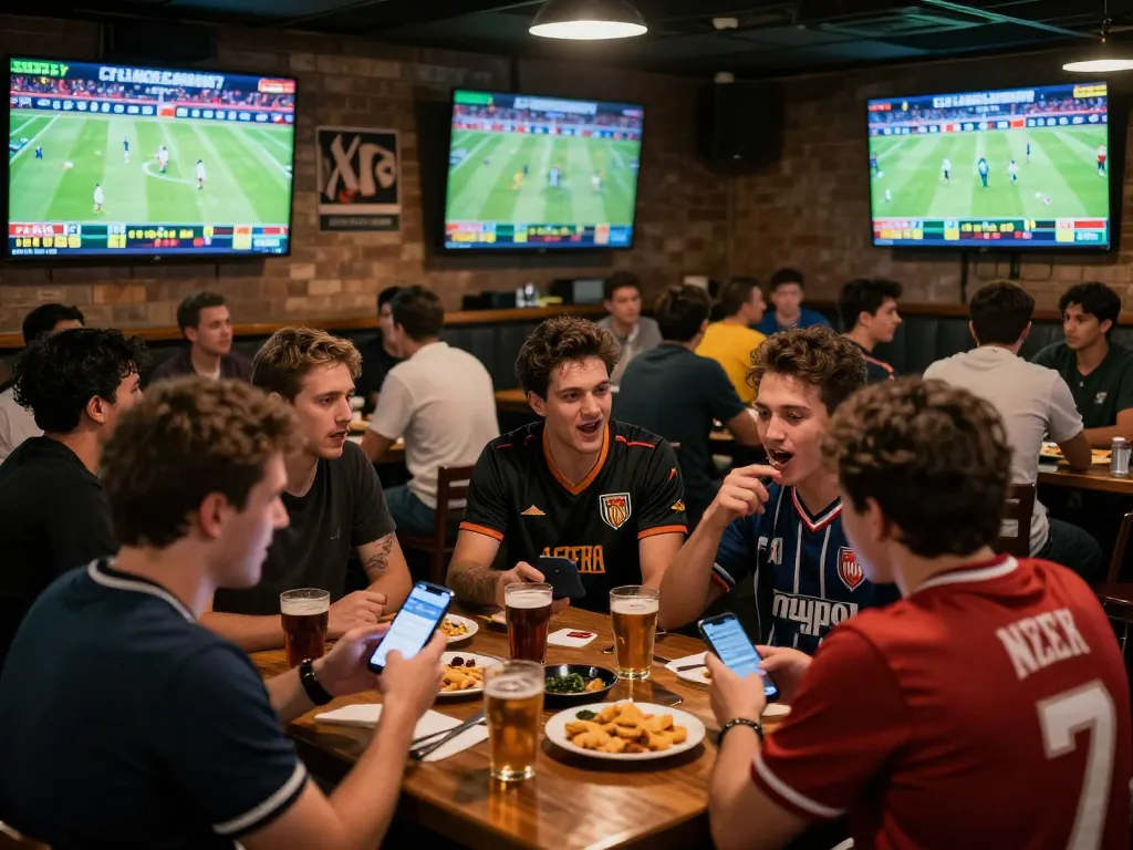 Fans placing bets on tỷ lệ kèo nhà cái while watching live sports, creating a vibrant social atmosphere