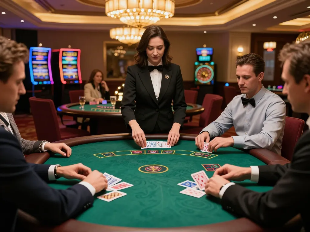 88 club blackjack players strategizing bets at luxurious tables in an upscale casino.