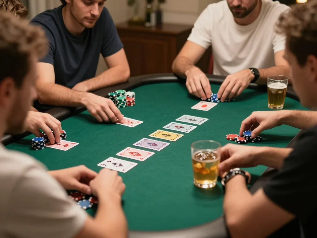 Players strategizing at a poker table featuring v788 game elements and colorful chips during a small gathering.