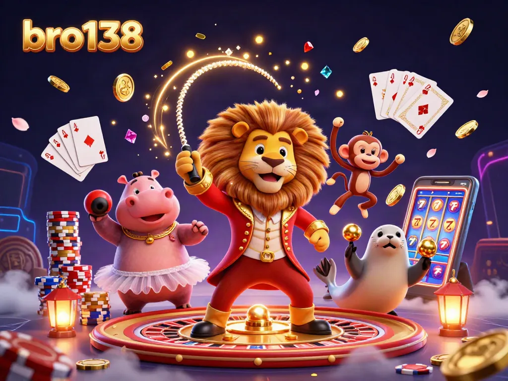 Experience exhilarating gaming at bro138 with vibrant circus characters amidst a wealth of casino elements.