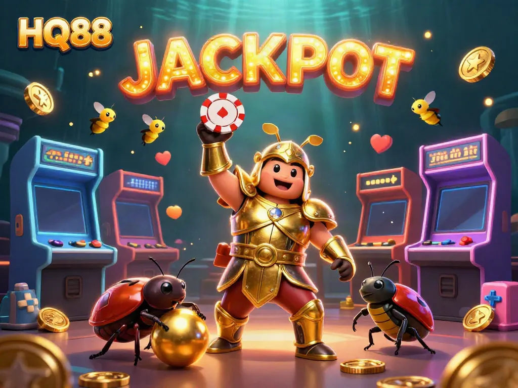 HQ88 celebrates a winning moment with a glowing poker chip and vibrant casino elements.