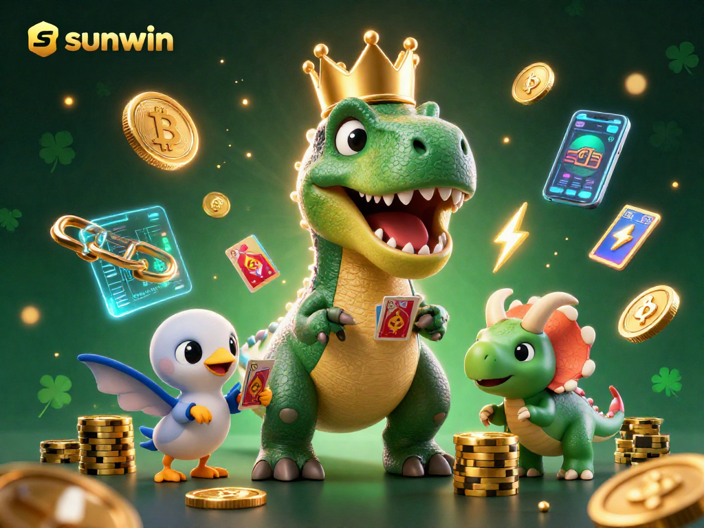 Engage in thrilling gaming at sunwin while T-Rex shuffles cards and a triceratops stacks chips.
