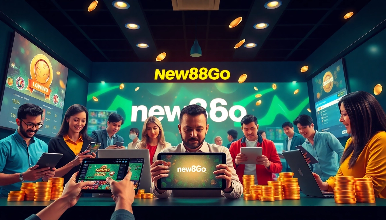 Engaging scene of diverse players using new88go.com on mobile devices in an inviting online gambling environment.