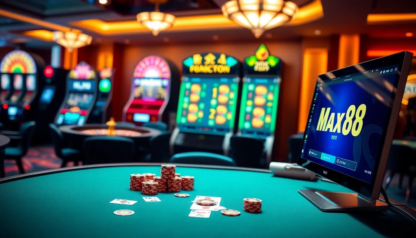 Exciting gambling scene at nhà cái max88 showcasing poker chips, roulette, and vibrant slot machines.