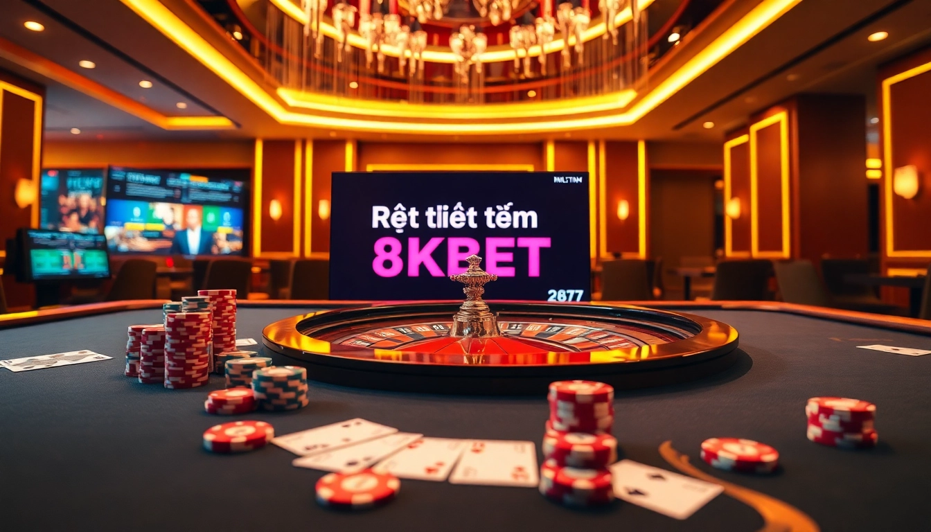 Rút tiền 8KBET shows fast cash withdrawal at a dynamic casino table with vibrant gaming elements.