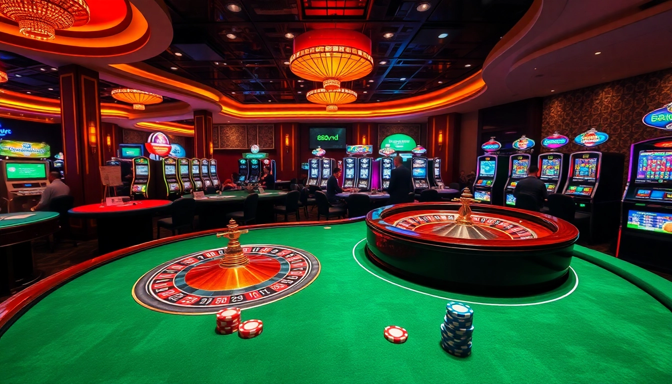 Players enjoy thrilling games at a vibrant casino with 888vnd promotions highlighted in stunning decor.