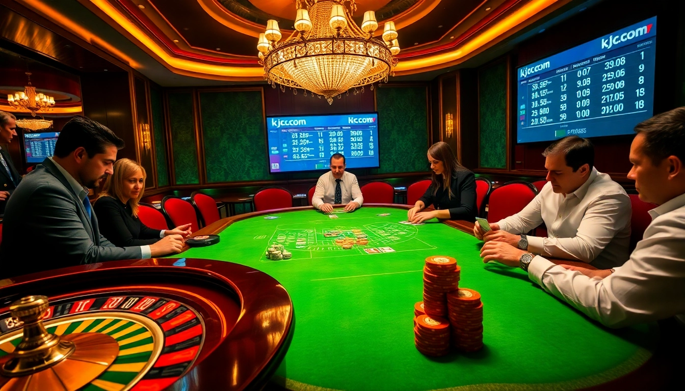 Engaged players at a luxurious casino table, strategizing their bets on kjc.com.