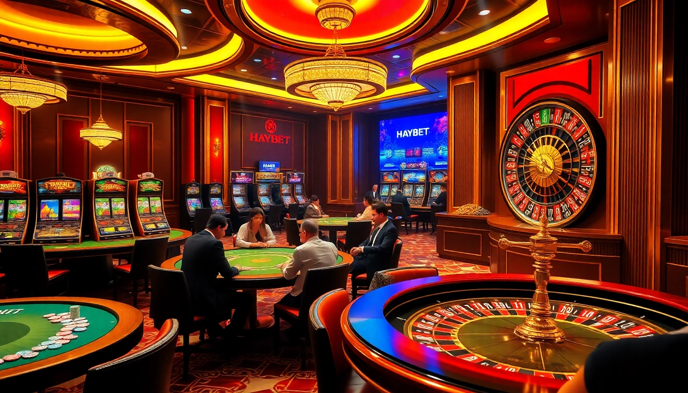 Experience thrilling gameplay at HAYBET's luxurious casino filled with vibrant slot machines and poker tables.