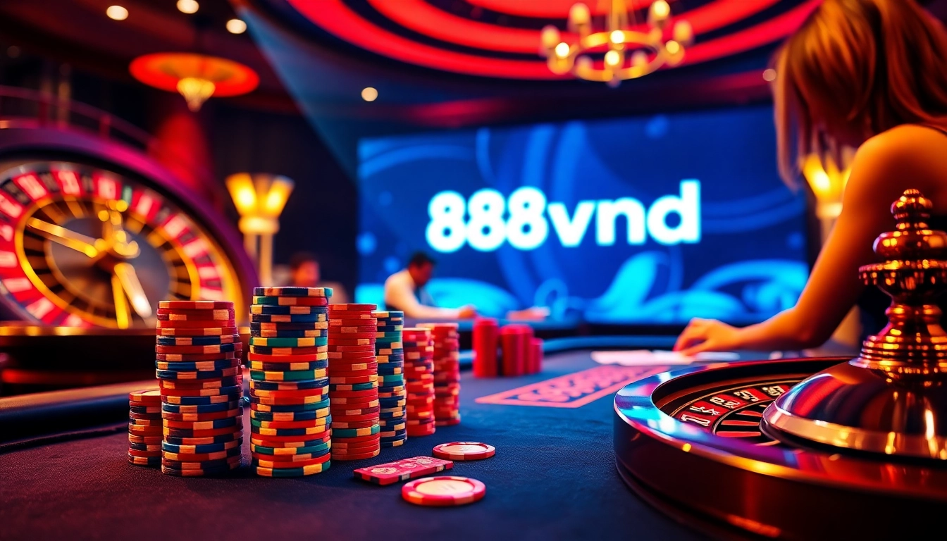 Engage in thrilling poker action at the 888vnd casino, featuring vibrant chips and a spinning roulette wheel.