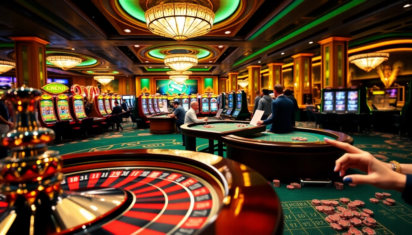 A vibrant casino setup displaying 888vi gameplay with roulette, poker chips, and engaged players.