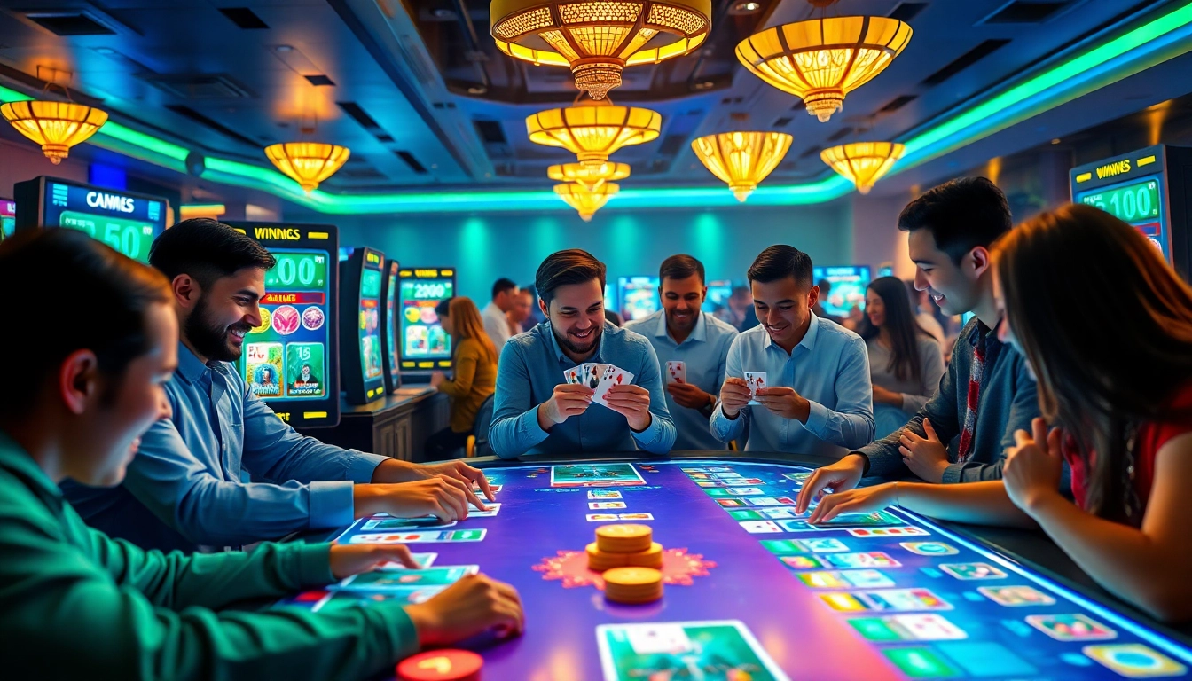 Exciting gaming scene on topgamebaidoithuong.mx with diverse players enjoying card games.