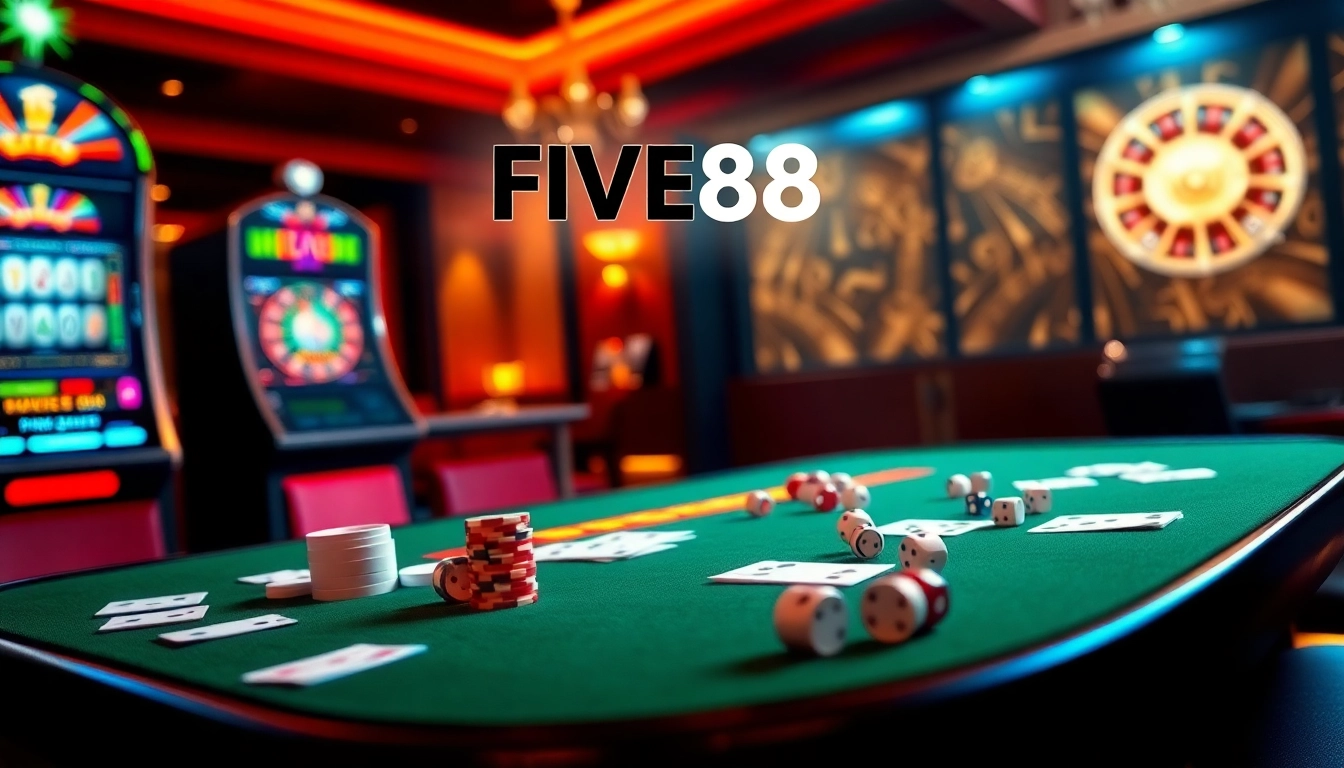Experience the thrill of gambling at FIVE88 with vibrant casino visuals capturing action-packed games and luxury.